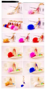 Détail de porte-clés escarpins avec strass colorés, pompons en fourrure et anneaux dorés