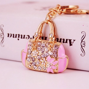 Elegant Zinc Alloy Rhinestone Handbag Keychain With Enamel Floral Charms Fashion Women Bag Pendant Gift Accessory