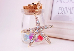 Close-up of sparkling crystal starfish keychain with golden lobster clasp and ring