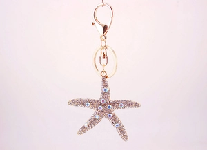 Detailed close-up of a sparkling gold starfish keychain with crystal rhinestones