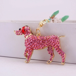 Sparkling pink rhinestone dog keychain with golden metal base for women's handbag accessory