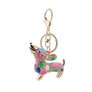 Cute rhinestone dachshund dog keychain with colorful enamel dots on a gold-plated keyring