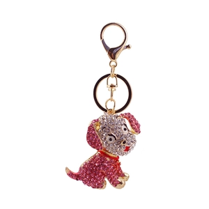 Cute pink and white rhinestone puppy keychain with golden lobster clasp and key ring