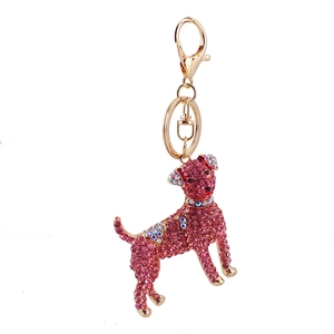 Pink rhinestone dog keychain with gold metal frame and lobster clasp for women
