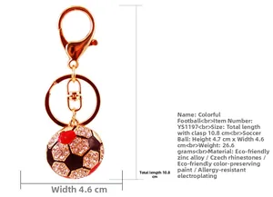 Detail showing soccer ball rhinestone keychain with dimensions and weight specs