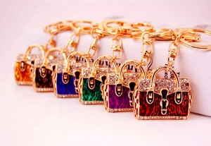 Macro view of rhinestone encrusted handbag keychain with elegant leopard print detail