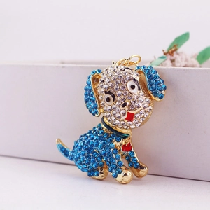 Sparkling blue rhinestone puppy keychain with gold alloy base for women's handbag accessory