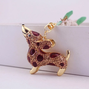 Cute rhinestone dachshund keychain with brown crystals and red enamel on gold alloy ring