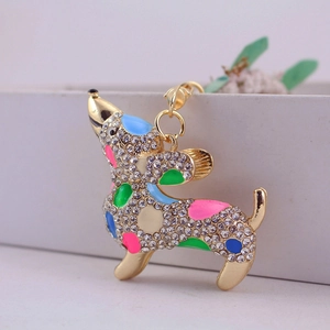 Colorful rhinestone dachshund dog keychain with golden metal finish and crystal accents