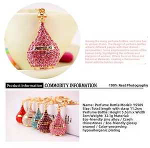 Macro shot of rhinestone perfume bottle keychains in various colors with metal clips