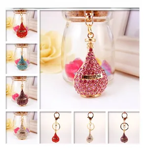 Detail of crystal perfume bottle keychain in various colors with PARFUM engraving