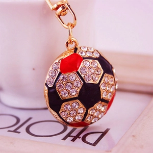 Creative soccer ball keychain with sparkling rhinestones and red black enamel accents
