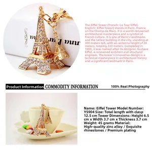 Close-up of golden Eiffel Tower keychain with inlaid rhinestones and lobster clasp
