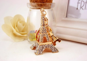 Detailed close-up of golden Eiffel Tower keychain with sparkling rhinestones decoration