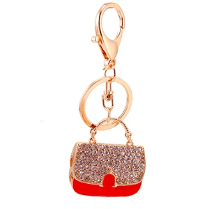 Porte-clés sac à main rouge créatif avec strass brillants et fermoir doré