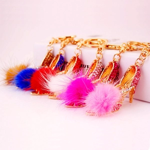 Porte-Clés Chaussure À Talon Haut Avec Pompon En Fourrure Et Strass En Alliage De Zinc Pour Femmes Pendentif De Sac Cadeau