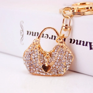 Cute Zinc Alloy Rhinestone Handbag Keychain With Heart Pendant Fashion Gold Bag Charm Key Ring For Women Gift