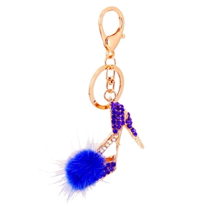 Blue rhinestone high heel keychain with faux fur pompom and rose gold metal plating