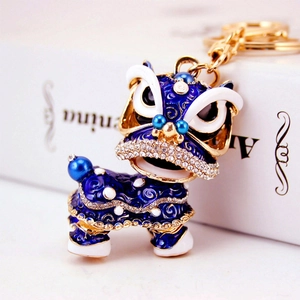 Porte-clés de danse du lion chinois avec émail bleu et strass scintillants