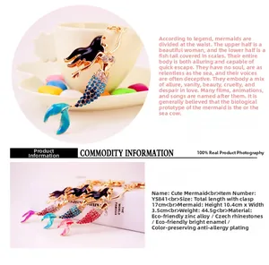 Detail showing mermaid keychain dimensions of 10.4x3.5cm and zinc alloy materials