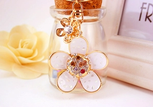 Detail of floral keychain with iridescent petals and colorful rhinestones on lobster clasp