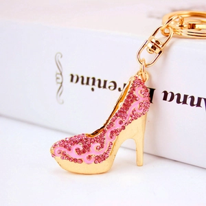 Porte-clés escarpin créatif avec strass roses et alliage doré pour accessoire de sac à main