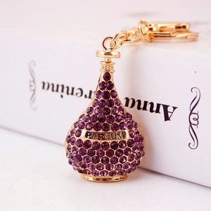 Purple rhinestone perfume bottle keychain with gold metal chain and parfum engraving