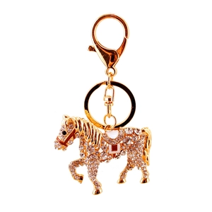Cute zodiac horse keychain with sparkling crystals and gold plating for women's bags