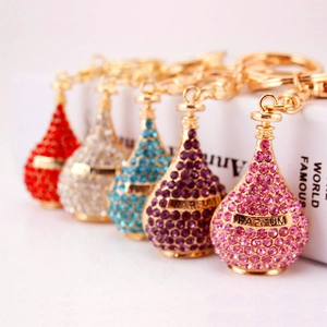 Elegant rhinestone perfume bottle keychain with gold metal plating in five vibrant colors