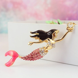 Creative cartoon mermaid keychain with pink rhinestones and black enamel finish