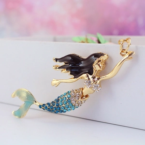 Creative mermaid keychain with gradient blue zircon and golden metal for women bag