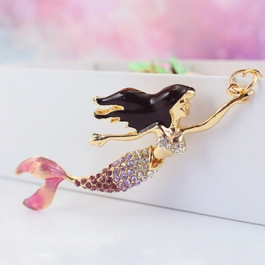 Cute golden little mermaid keychain pendant with purple rhinestones for women handbag