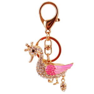 Cute golden swan keychain with sparkling rhinestones and pink enamel for bags