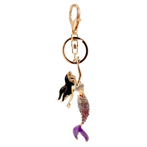 Cartoon mermaid keychain with gold metal frame, colorful rhinestones and enamel finish