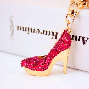 Creative pink rhinestone high heel shoe keychain with gold metal base and lobster clasp