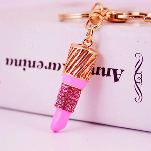Sparkling pink rhinestone lipstick keychain accessory with golden alloy lobster clasp