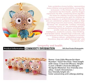 Detail of crystal mouse keychain showing various colors and zinc alloy dimensions