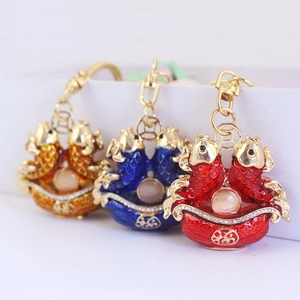 Vintage Chinese Style Carp Koi Fish Keychain Zinc Alloy Enamel Rhinestone Lucky Fu Character Pendant Keychain For Gift