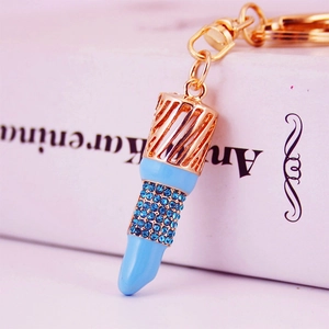 Creative gold and blue lipstick keychain with sparkling rhinestones for car keys