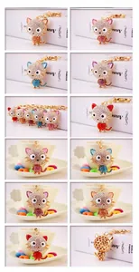 Detailed views of crystal cat keychains in orange, pink, blue, purple, and red options