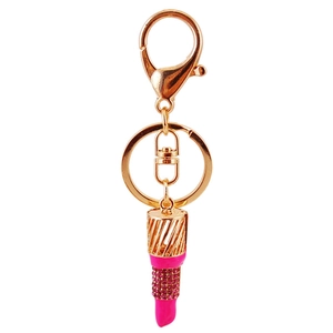 Porte-clés rouge à lèvres créatif avec strass roses et métal doré élégant