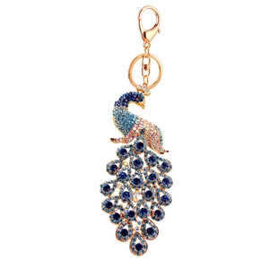 Porte-clés paon en cristal pour sacs avec strass bleus et fermoir en alliage doré