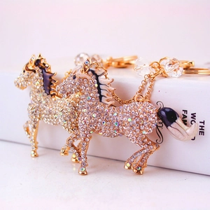 Luxury Rhinestone Running Horse Keychain Zinc Alloy Gold Plated Enamel Animal Bag Charm For Car Key Decoration Gift