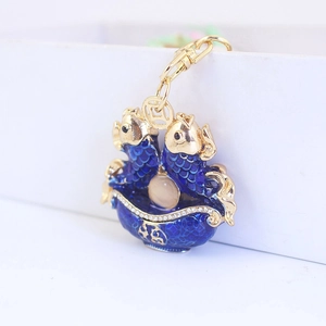 Chinese style carp keychain with blue enamel fish and pearl pendant accessory
