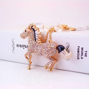 Sparkling crystal encrusted horse keychain with gold alloy base and colorful enamel detail