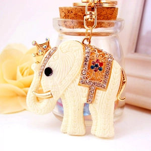 Cute resin white elephant keychain with gold crown and colorful rhinestones for women