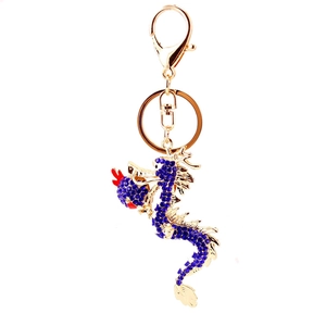 Golden dragon keychain with blue rhinestones and lobster clasp for car keys or bags