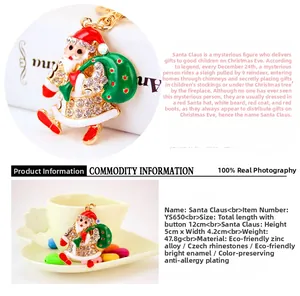 Detail view of Santa Claus keychain with colorful enamel, rhinestones, and 12cm total length