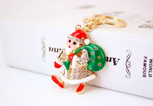 Detail of Santa Claus keychain with inlaid rhinestones and colorful enamel oil finish
