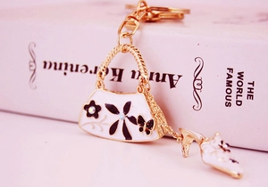 Detailed macro view of enamel handbag and high heel keychain on a classic book background